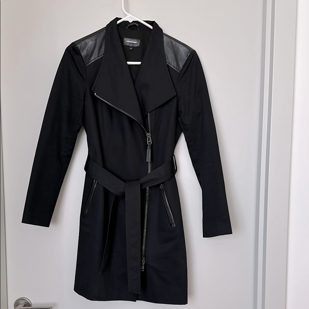 Mackage Belted Black Trench Coat with Asymmetrical Front Zip and Leather Trim